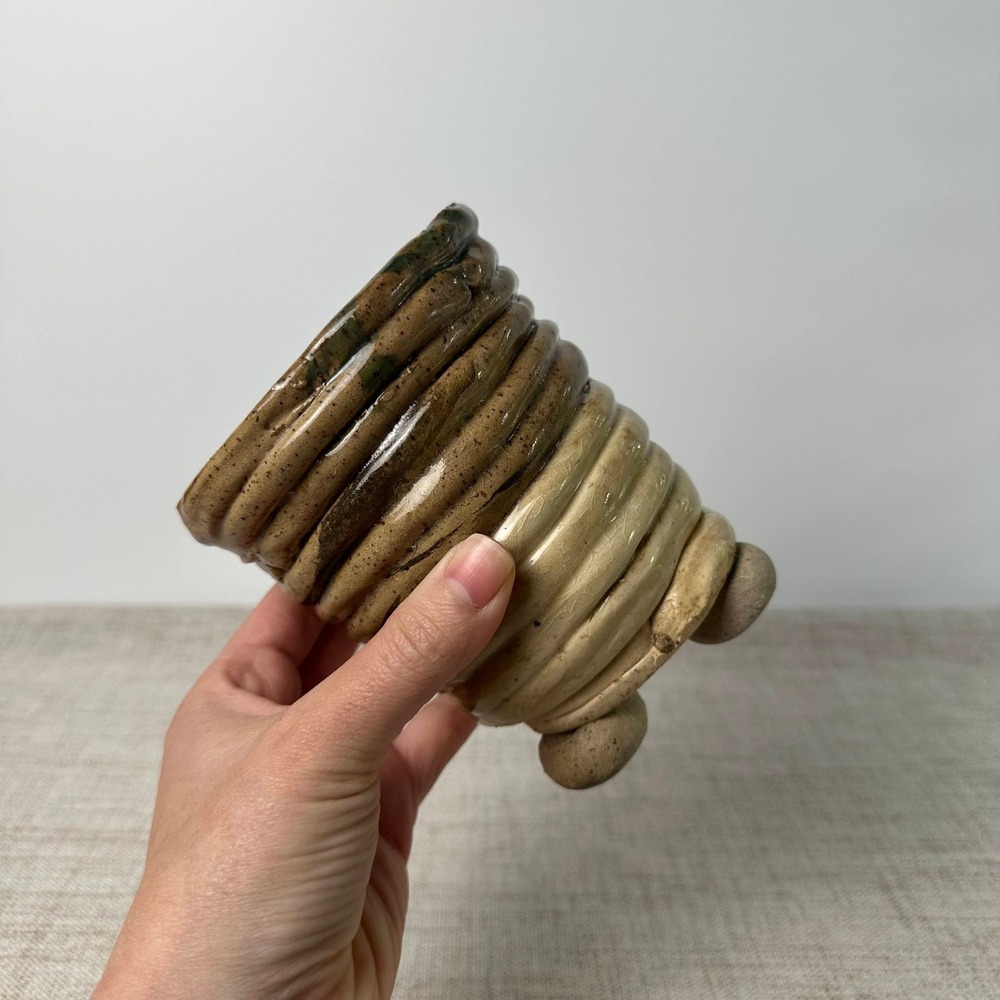 Hand Built Studio Pottery Coil Footed Planter Brown Green Artisan Ceramic